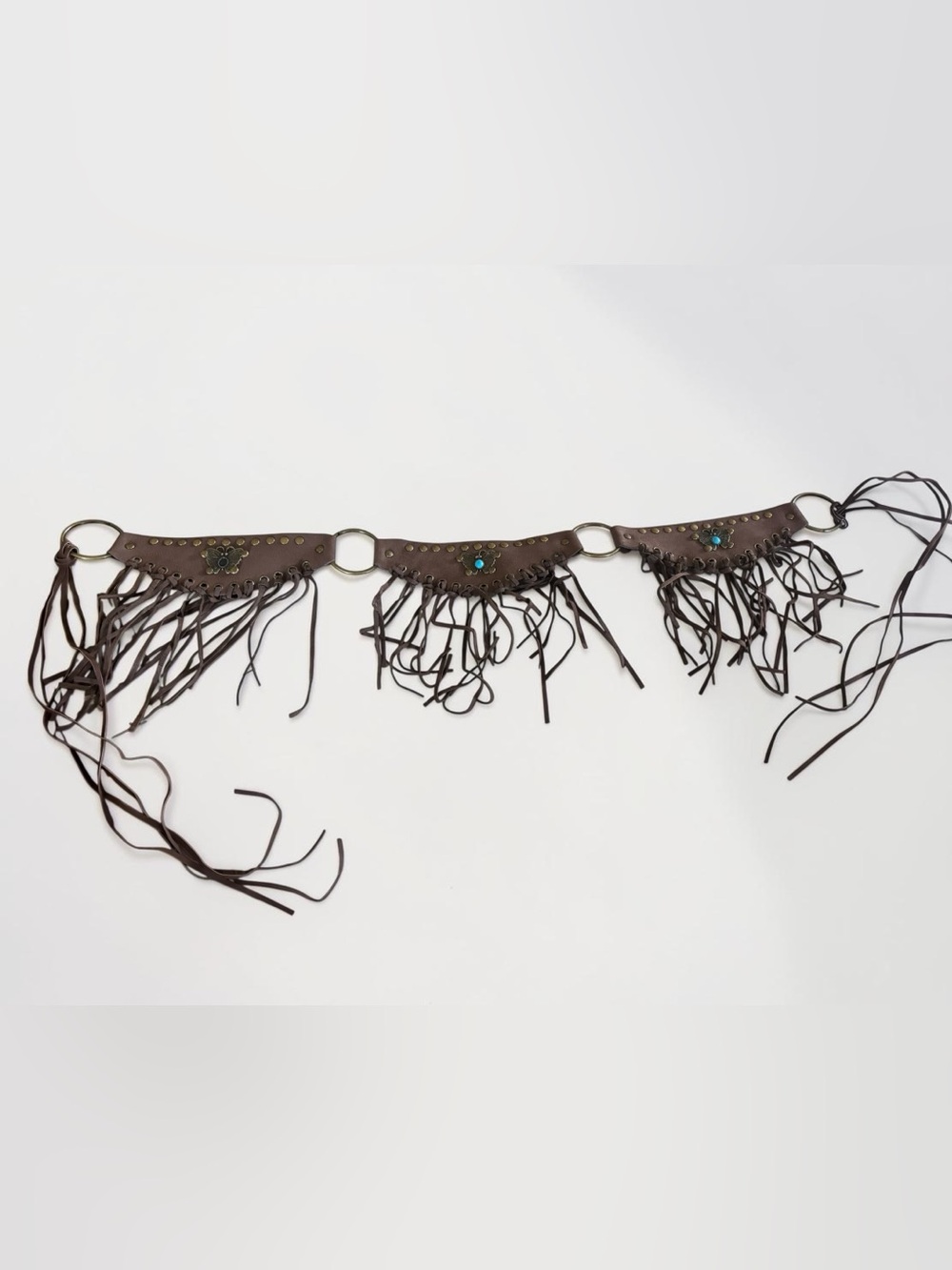 Y2K Brown Fringe Hip Belt Turquoise Studded Boho Western Festival Tie Belt